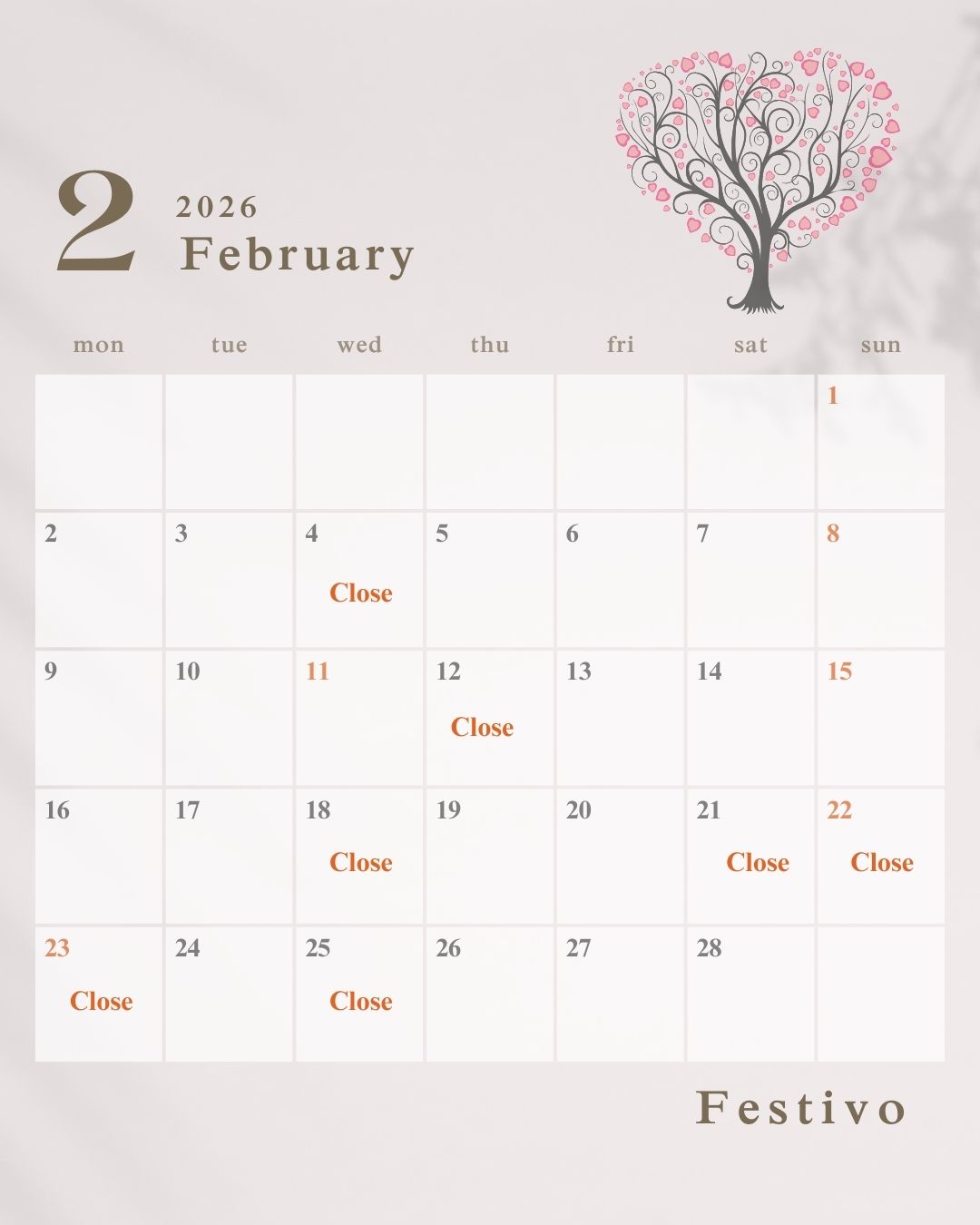 2月の定休日のお知らせ🌷