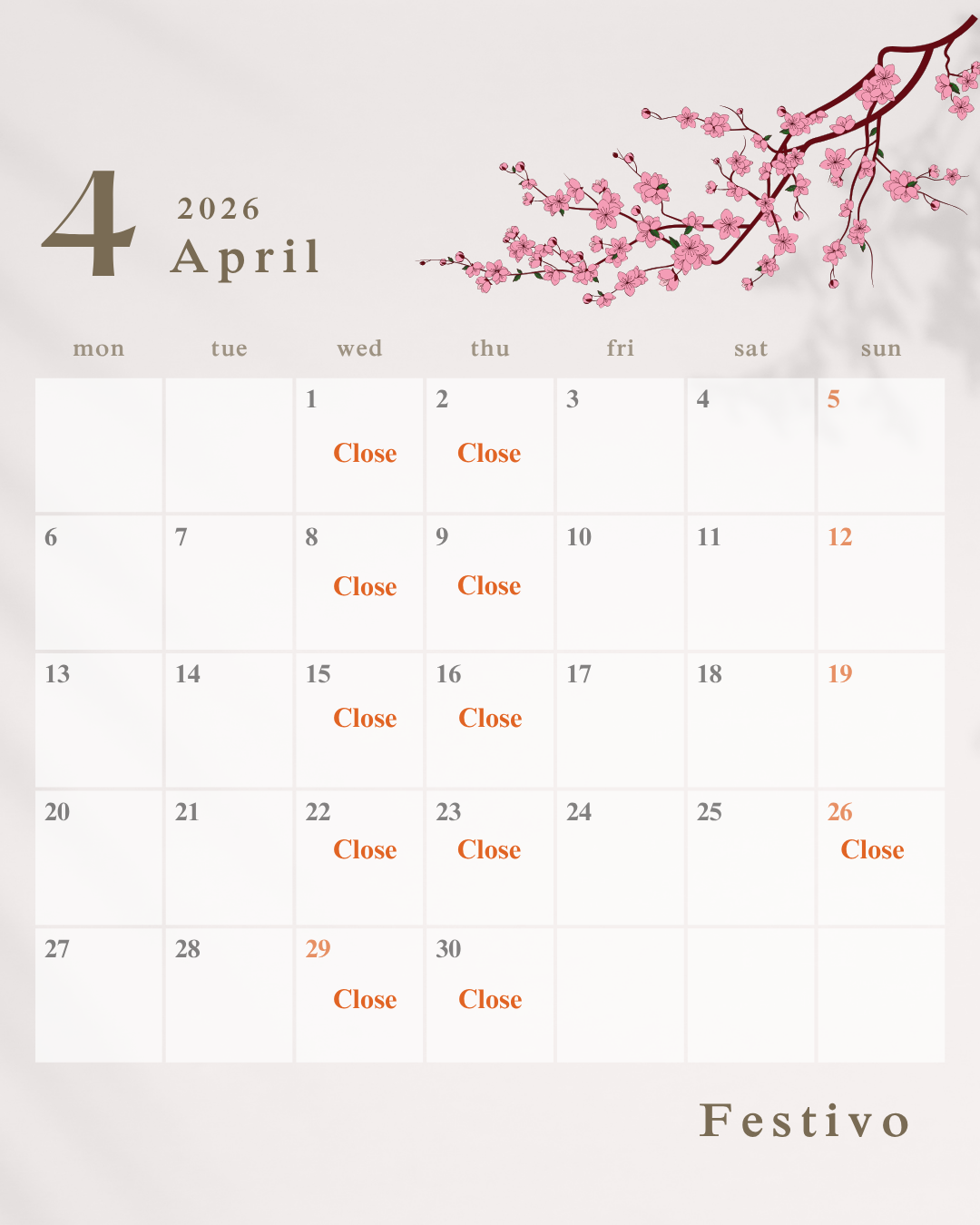 4月の店休日のお知らせ🌸