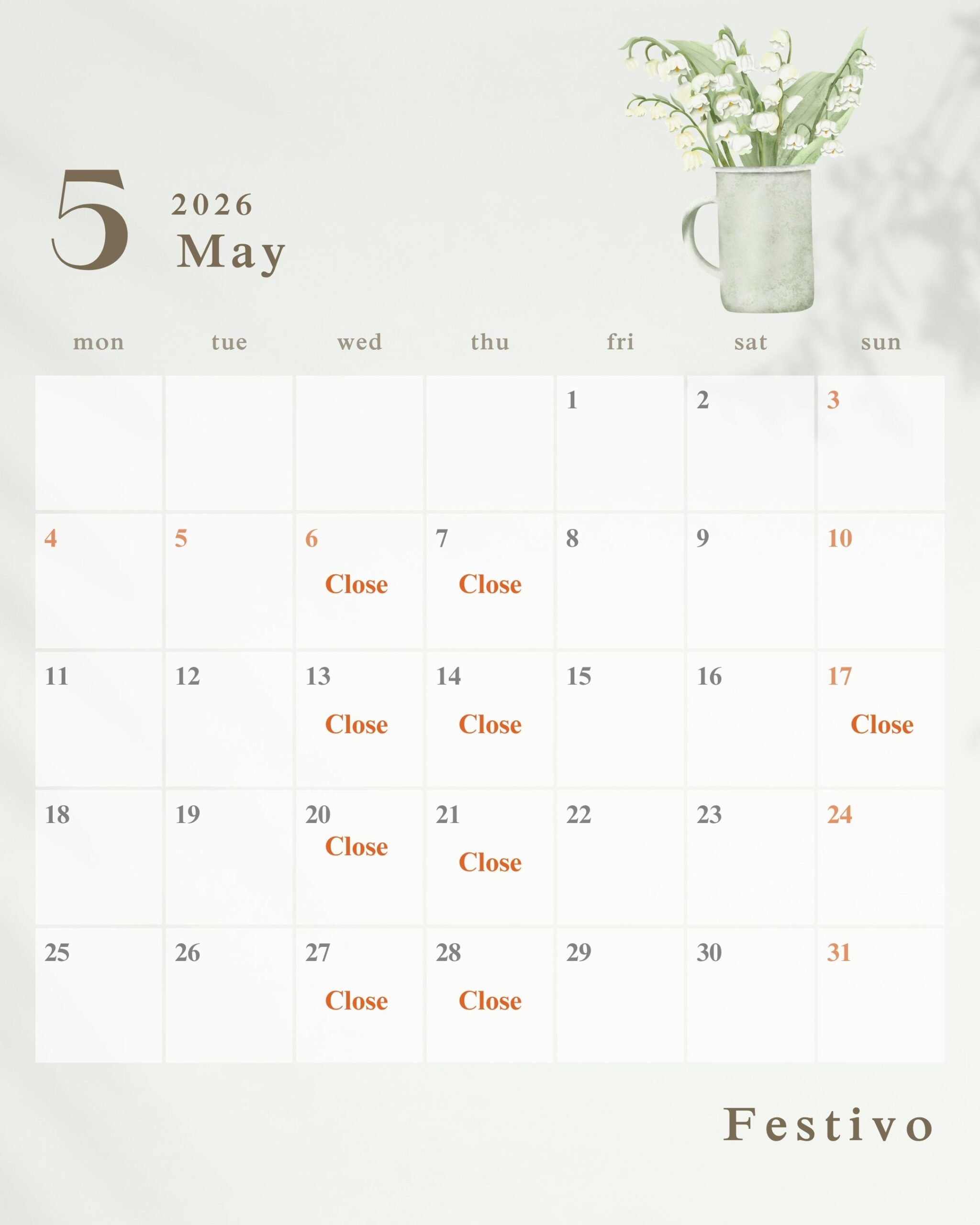５月の定休日のお知らせ✨